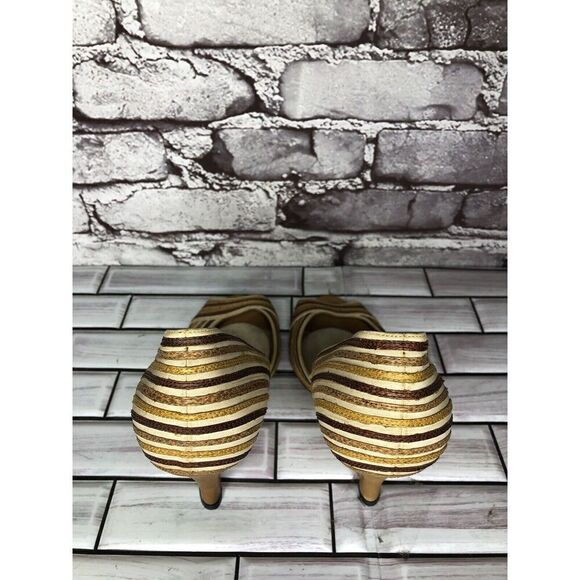 Marcello Toshi Gold Brown Stripe Fabric Peep Toe 5” High Heels Women Sz 6M US/37 - Picture 8 of 16